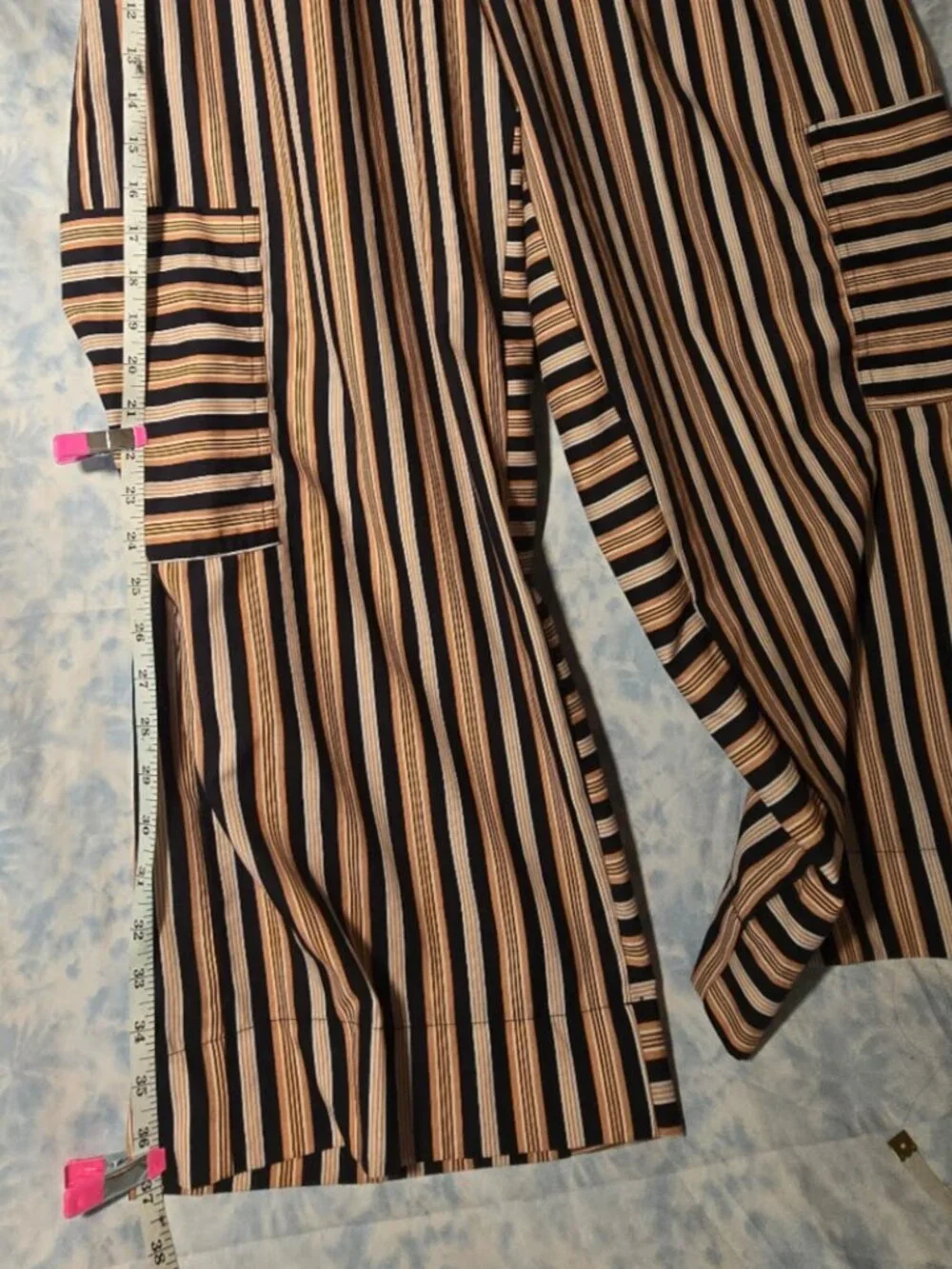 Boho Vertical Striped Paperbag Waist Wide Leg Pants - Cargo Pockets & Belt